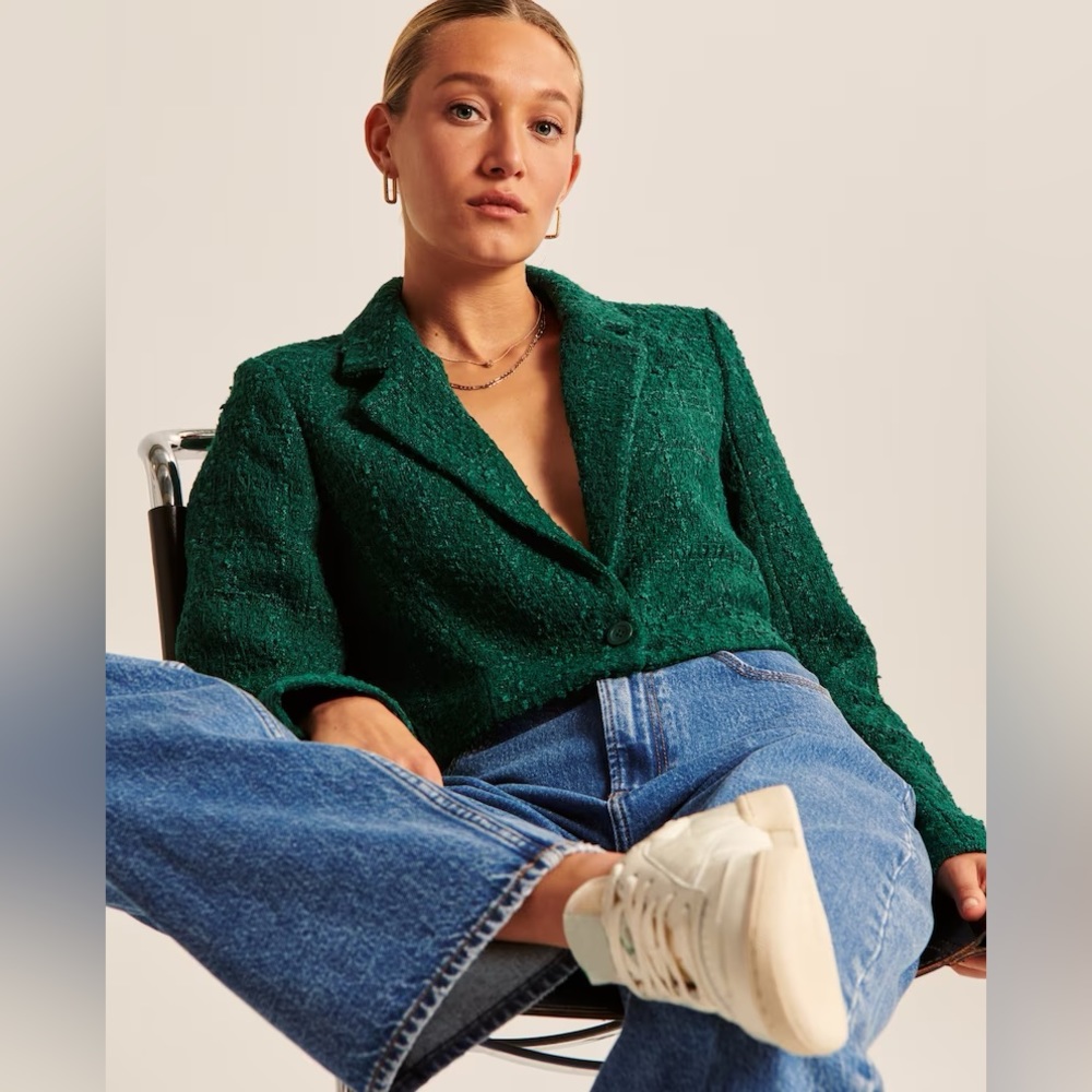 A&F Green Cropped Tweed Blazer